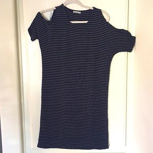 Blue striped dress with cut out shoulders